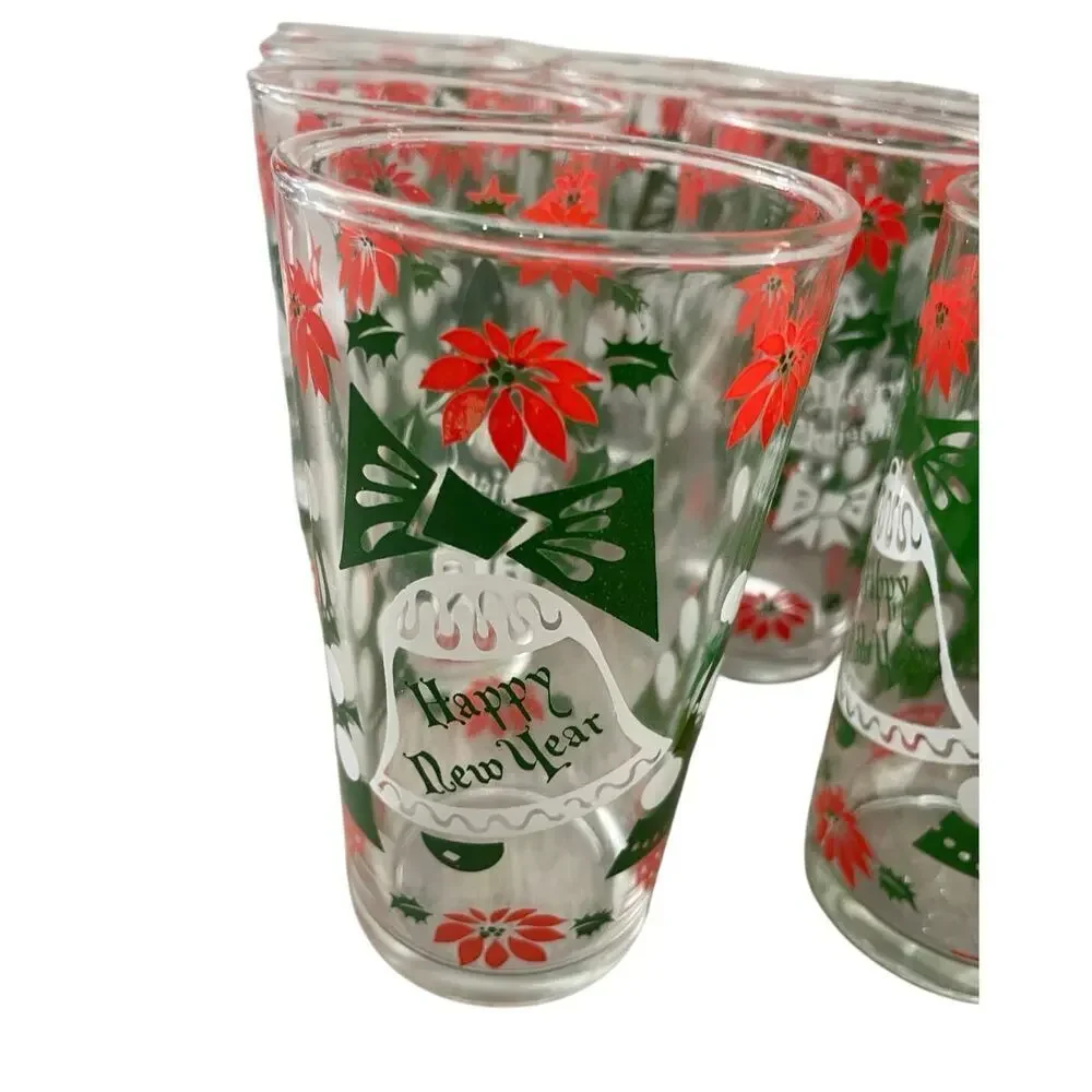 VINTAGE HAZEL ATLAS GLASSES SET OF 14 HOLIDAYS CHRISTMAS WREATH HOLLY BERRY RARE